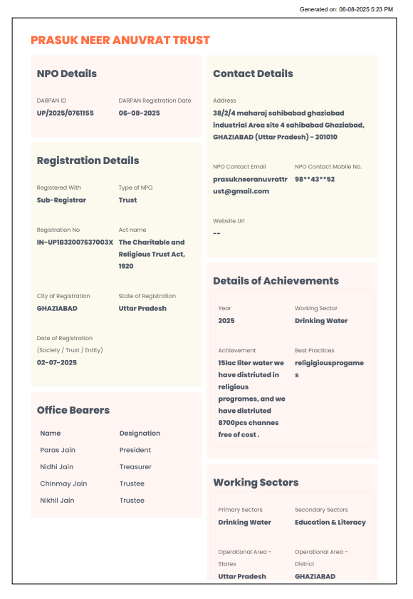 Preview of PRASUK NEER ANUVRAT TRUST Darpan Certificate. Select to open the PDF.