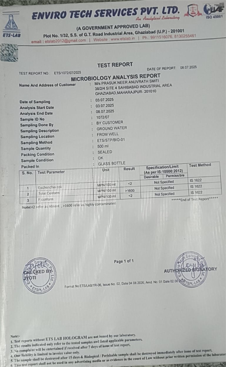 Government Approved Lab Microbiology Analysis Report for Prasuk Neer